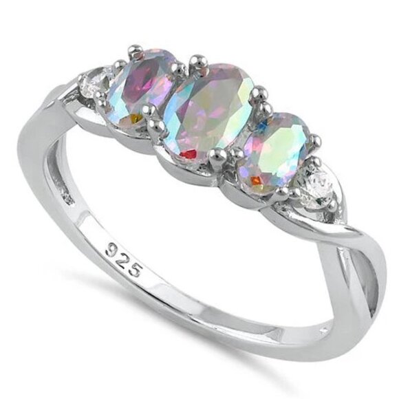 925 STERLING SILVER Simulated Triple Mercury Mystic CZ Ring - Picture 13 of 16